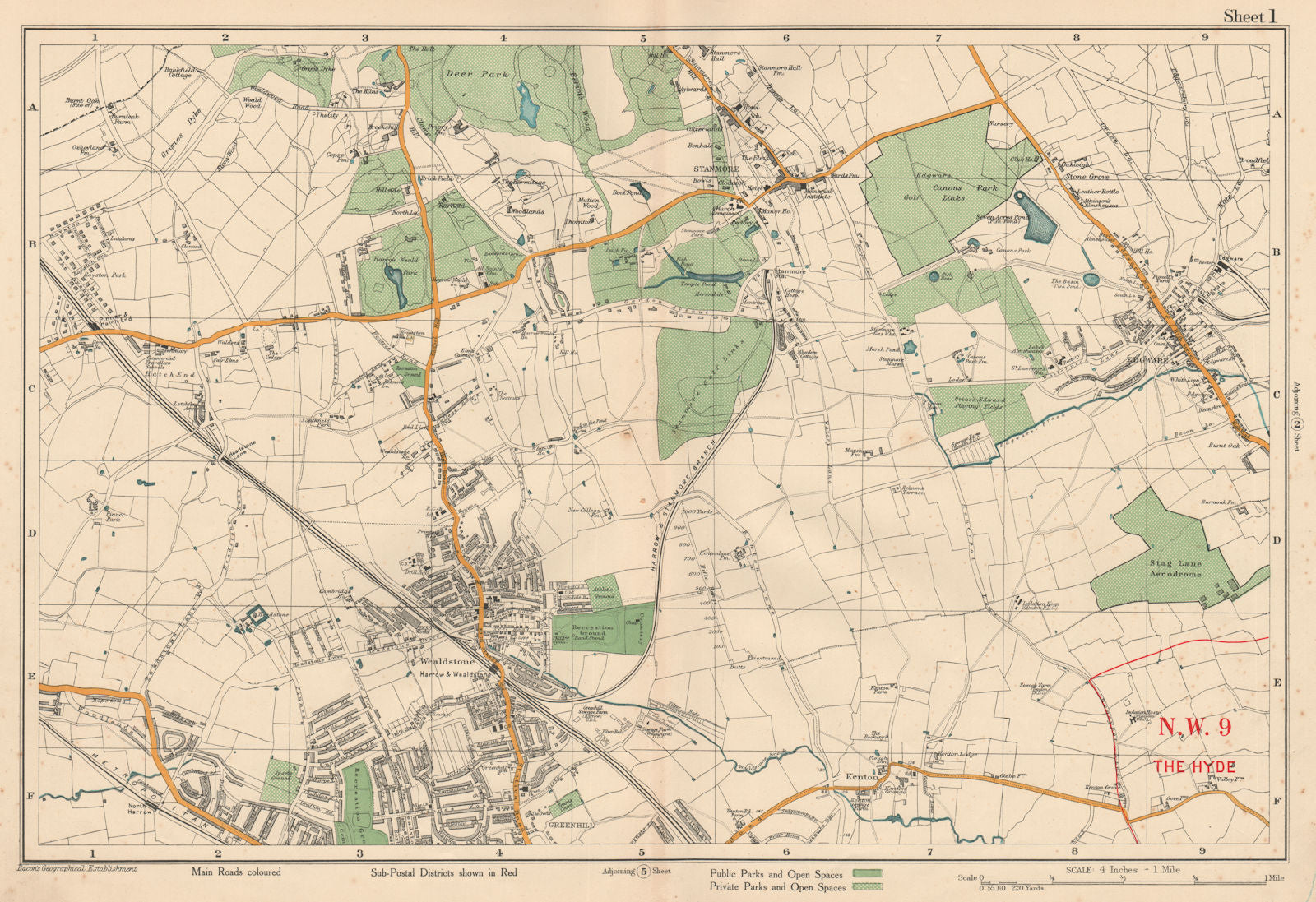 STANMORE Wealdstone Edgware Pinner North Harrow Kenton The Hyde. BACON 1927 map